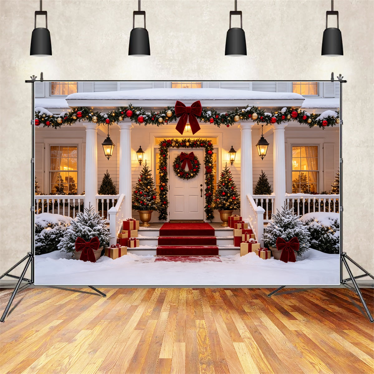 Décor De Maison De Noël Élégant Porche D'Entrée Enneigé Fond Mural De Noël CSH69-16