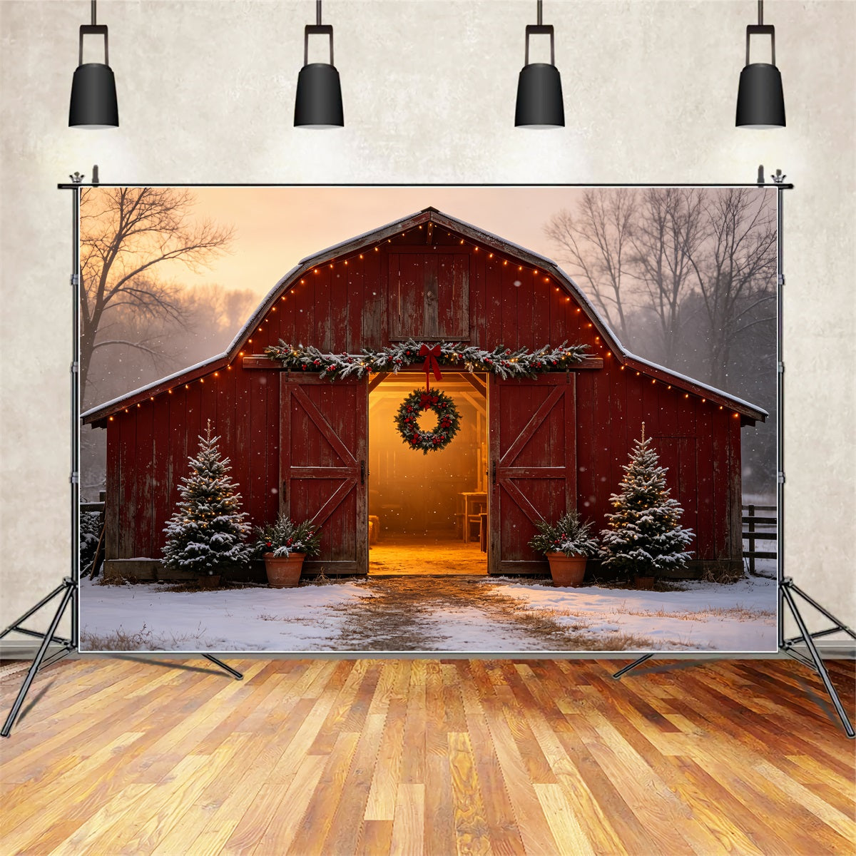 Décor De Ferme De Noël Entrée De La Grange Rouge Enneigée Fond En Mousseline De Noël CSH69-17