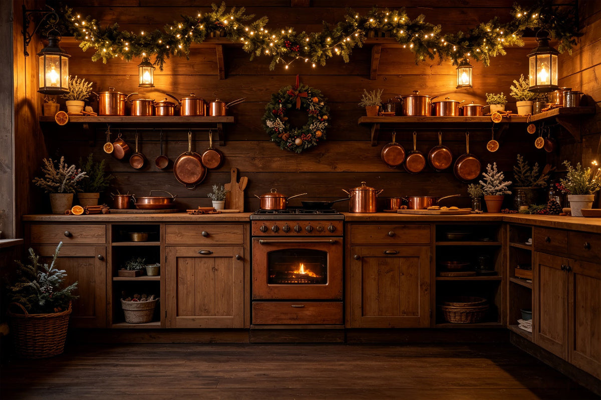 Décor De Cuisine De Noël Cheminée Rustique Avec Luminaires En Cuivre Fond Mural De Noël CSH69-21