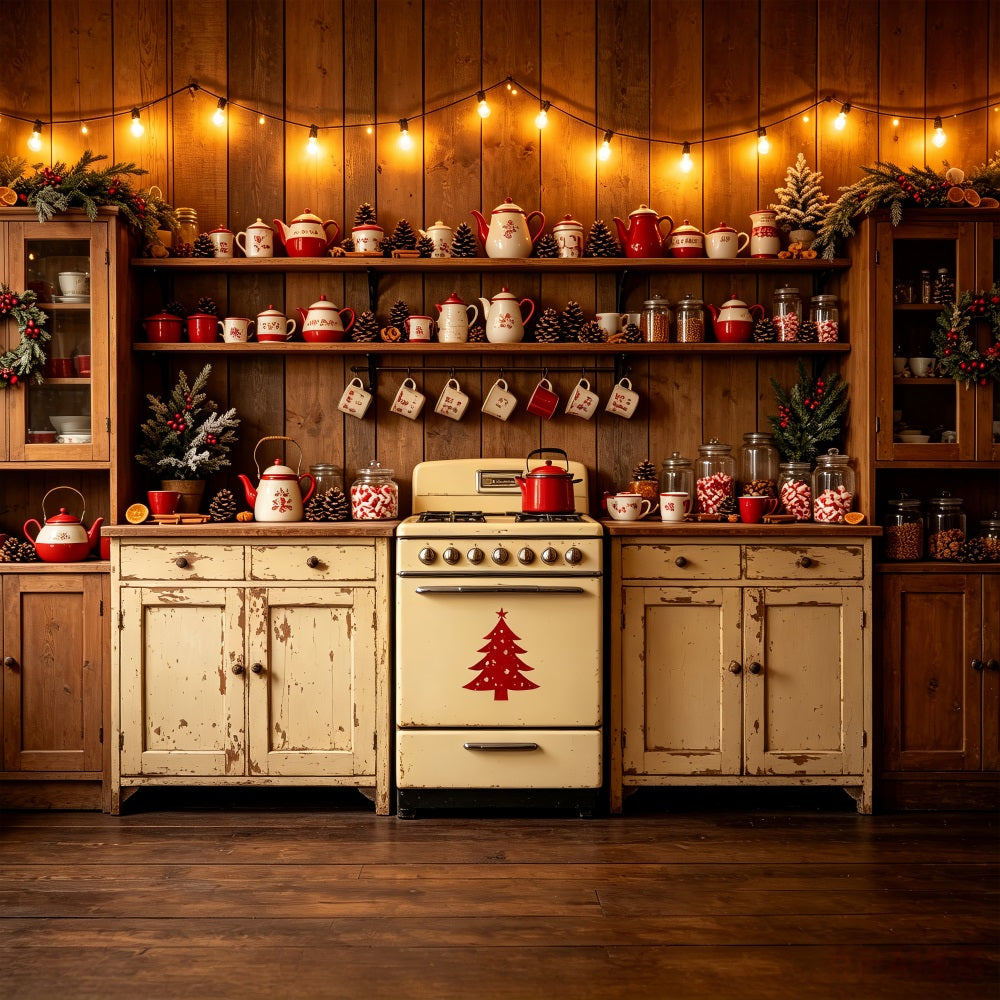 Décor De Cuisine De Noël Présentoir À Théière Rouge Vintage Fond De Noël En Mousseline CSH69-22