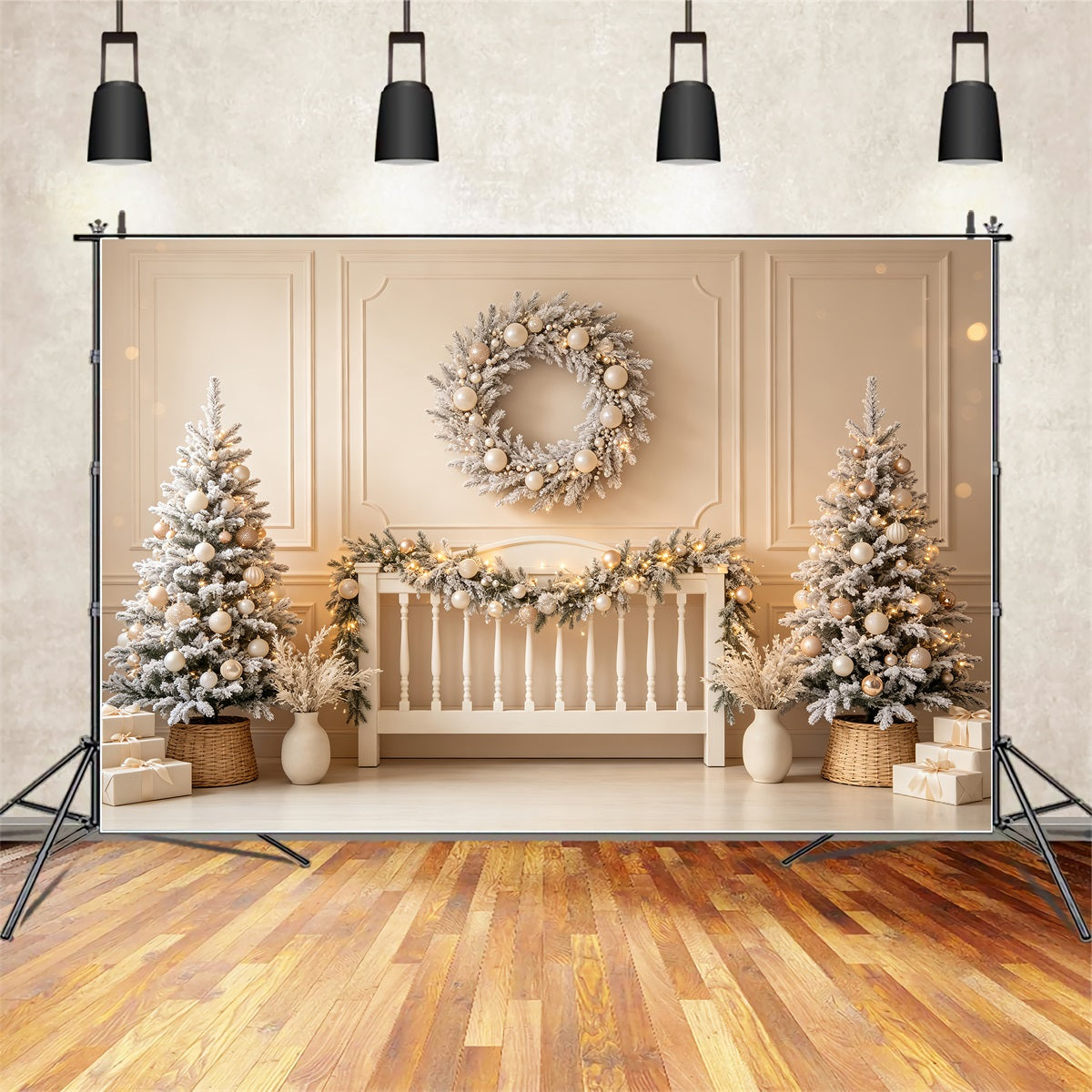 Tête De Lit De Noël Couronne Ivoire Givrée Décors Photo De Noël CSH69-29