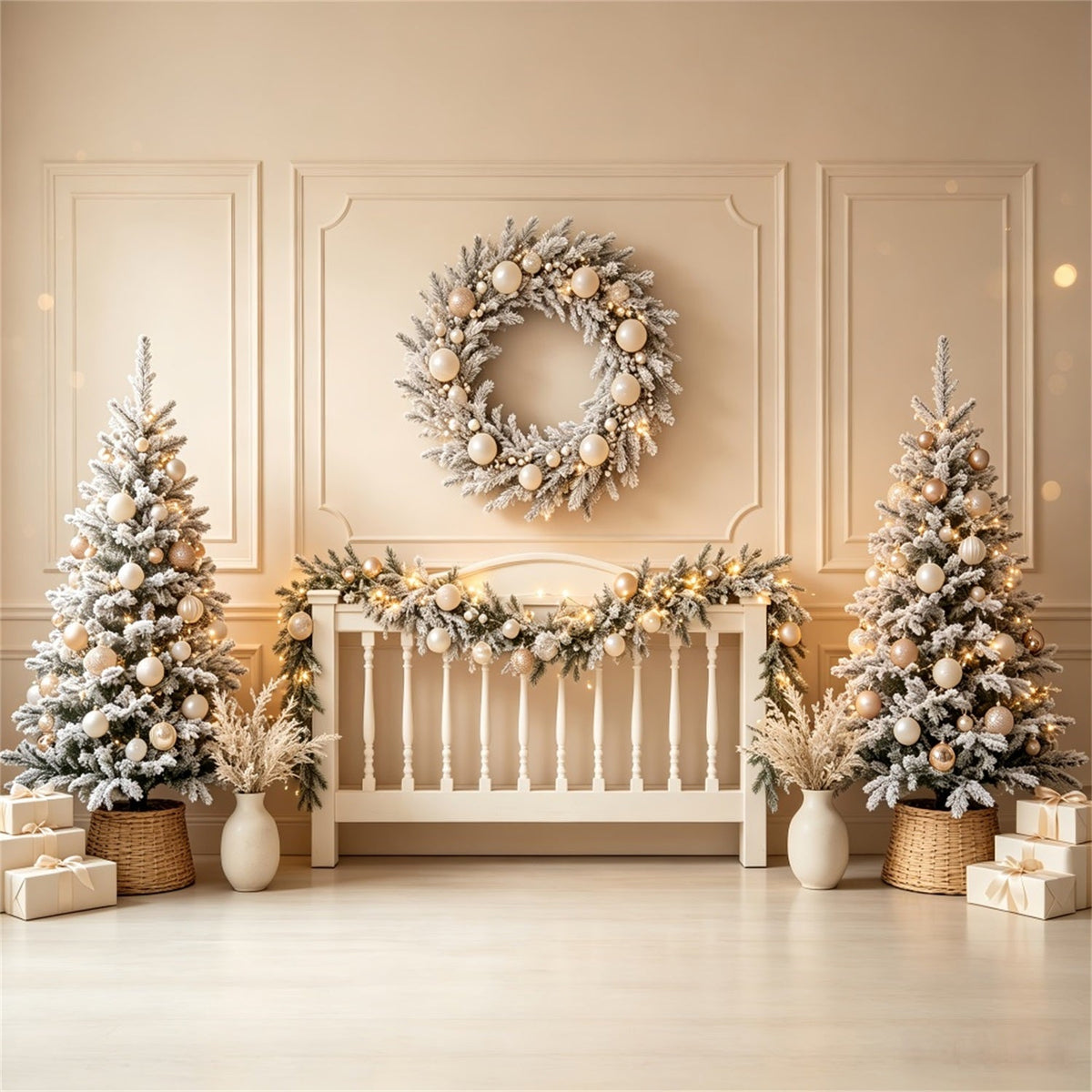 Tête De Lit De Noël Couronne Ivoire Givrée Décors Photo De Noël CSH69-29