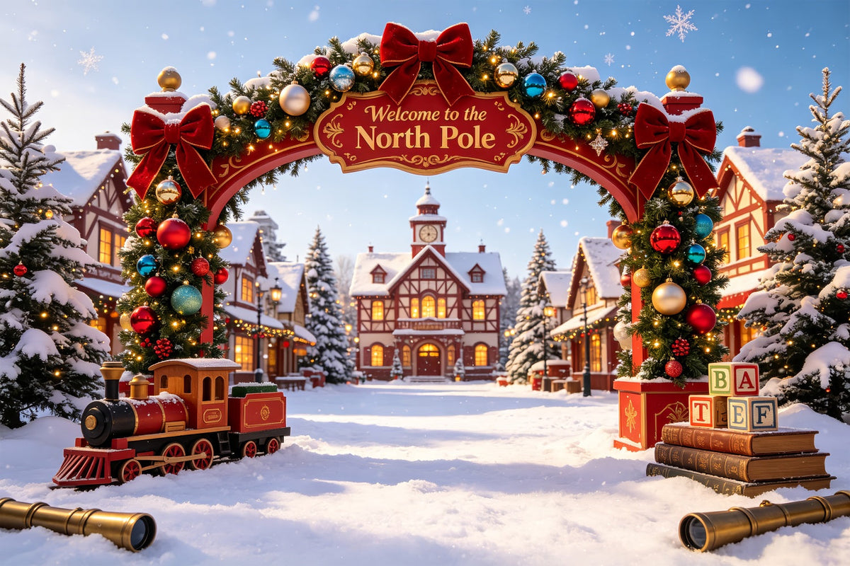 Décor De Noël Du Pôle Nord Porte Du Village Enneigé Décor Photographique De Noël CSH69-31