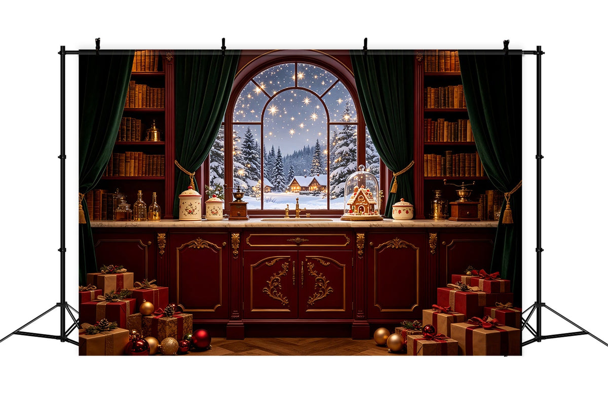 Décor De La Nuit De Noël Garde-Manger De La Fenêtre Du Chalet Enneigé Décors Photographiques De Noël CSH69-37