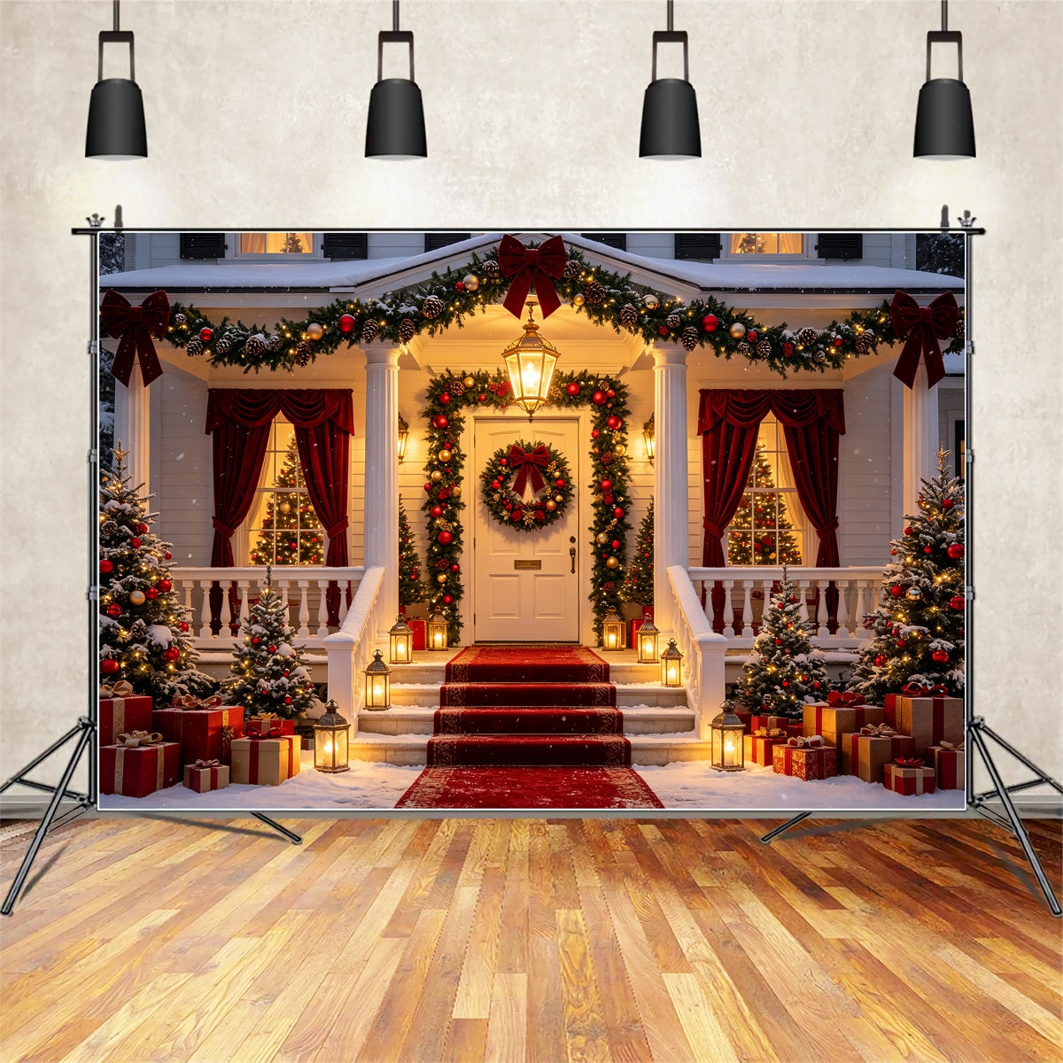 Décor De La Nuit Avant Noël Entrée Du Porche Avec Tapis Rouge Décor Photographique De Noël CSH69-40
