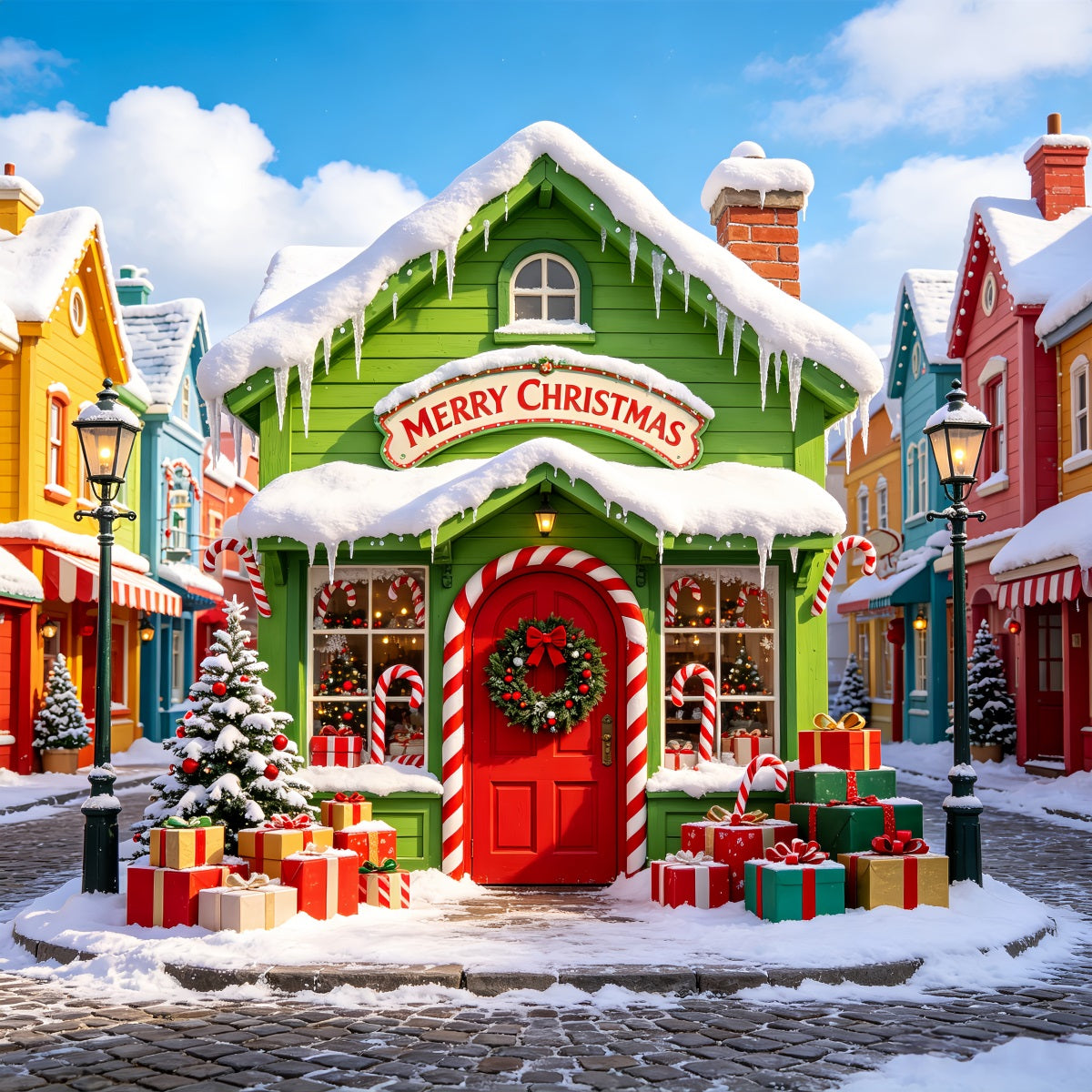 Décors De Village De Noël Maison De Rue Colorée Sous La Neige Fond De Noël CSH69-86