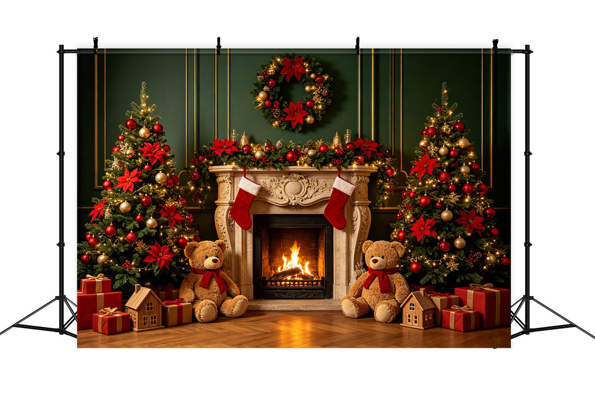 Fond De Cheminée De Noël Décoration De Cheminée Ours En Peluche Décor De Portrait De Noël CSH69-89