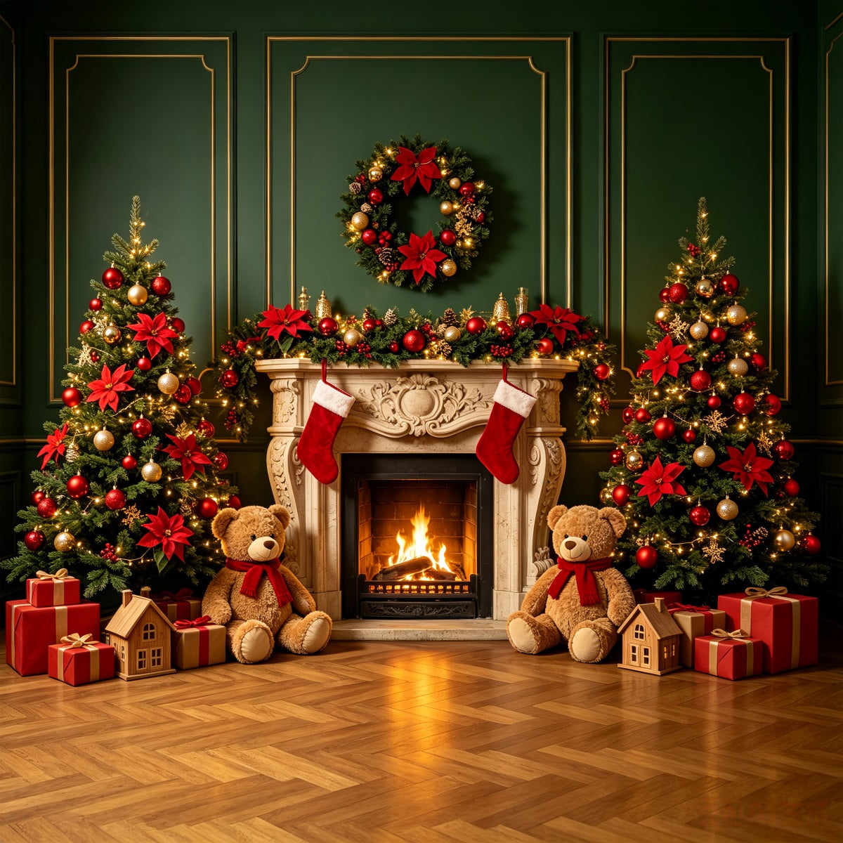 Fond De Cheminée De Noël Décoration De Cheminée Ours En Peluche Décor De Portrait De Noël CSH69-89