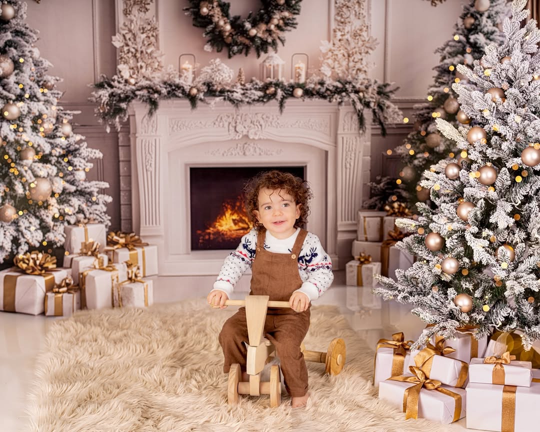 Toile de fond Cheminée Blanche Sapins et Couronne de Noël RR8-38