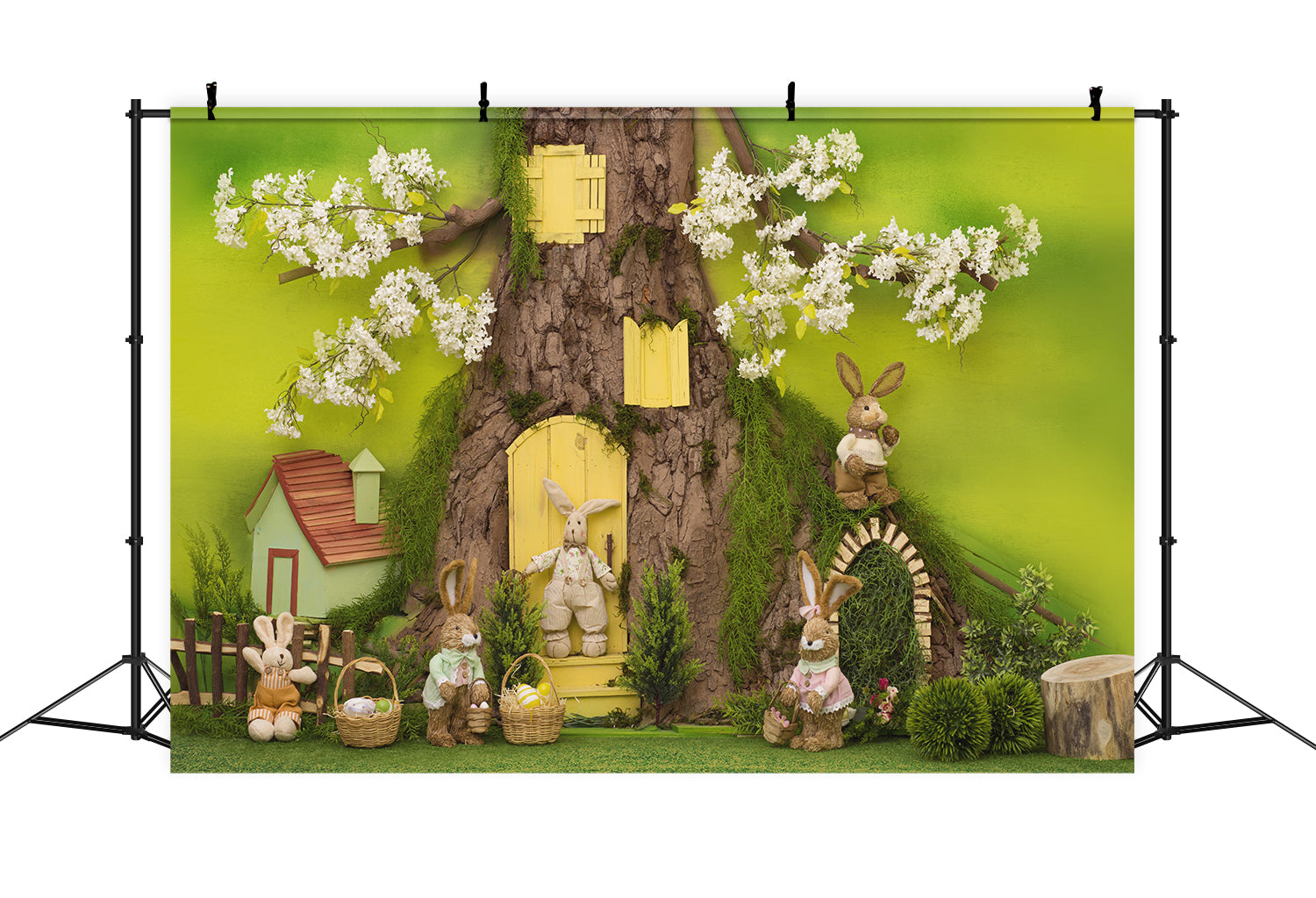 Cabane Dans l'arbre Lapin Lapin Toile de Fond de Pâques D1073