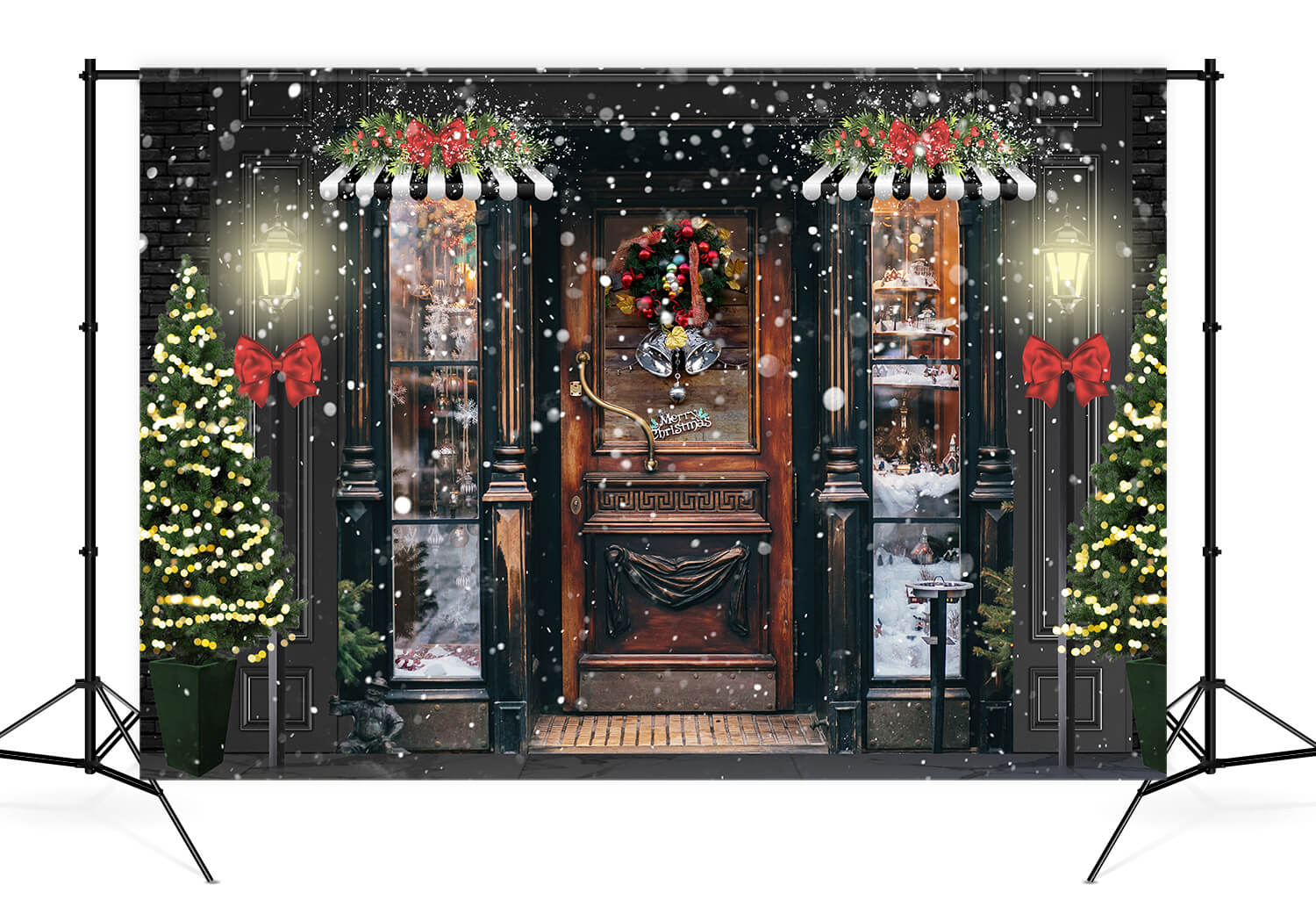 Toile de fond de porte de magasin de Noël d'hiver enneigé D928
