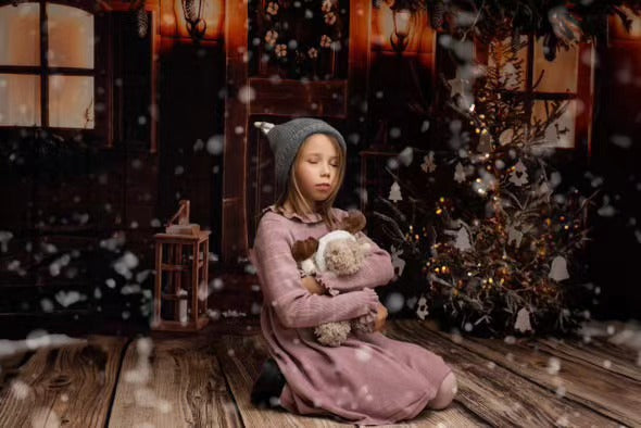 Toile de fond d'hiver de maison en bois confortable enneigée D988
