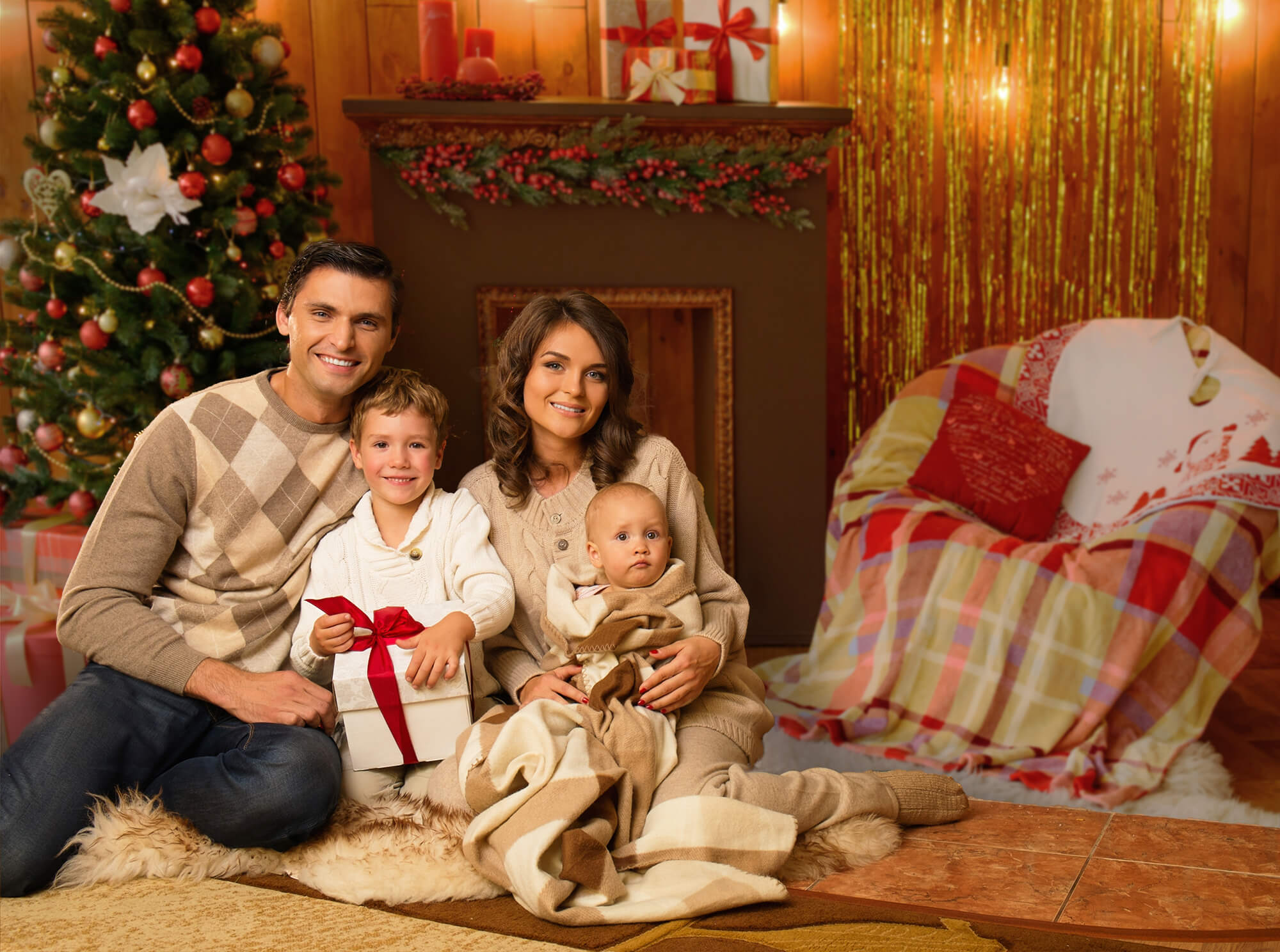 Toile de fond de photographie de cheminée de cadeau de canapé de Noël DBD-H19192