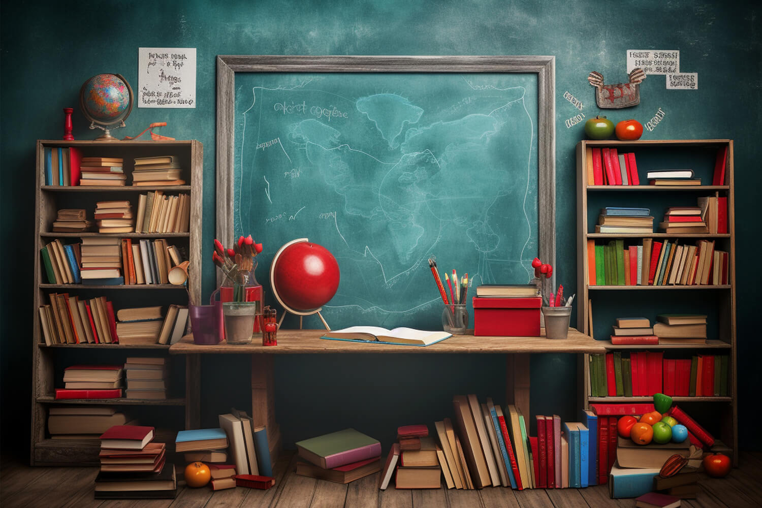 Toile de Fond de Bibliothèque avec Tableau Noir et Globe pour la Rentrée DBD7-87