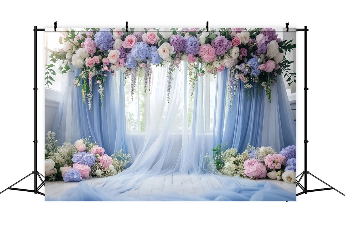 Toiles de Fond Fête des Mères Drapé Floral Bleu Fenêtre GQ2-113