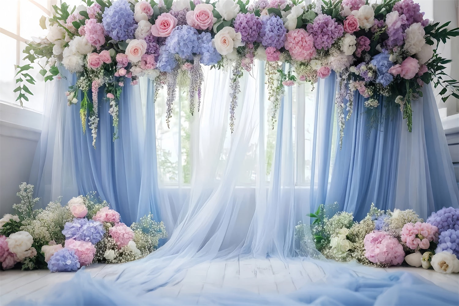 Toiles de Fond Fête des Mères Drapé Floral Bleu Fenêtre GQ2-113