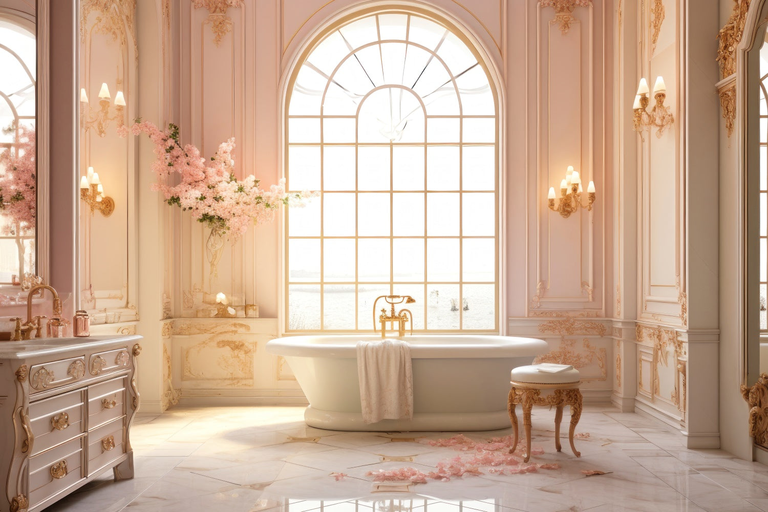 Toile de Fond Fête des Mères Salle de Bain Florale Rose Élégante GQ2-139