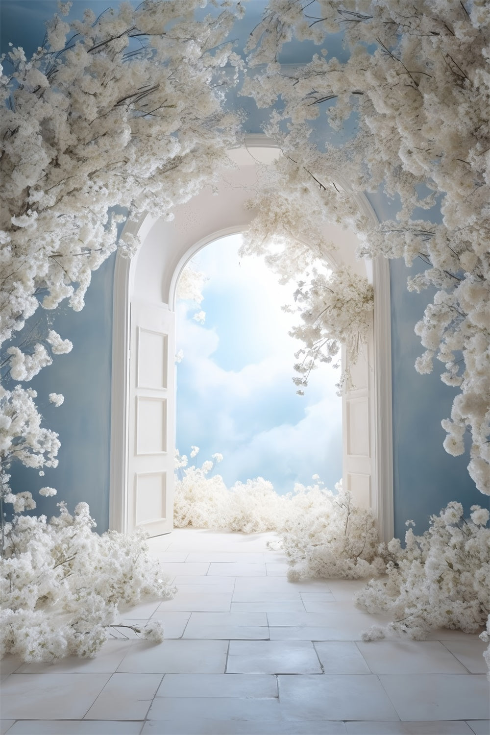 Toile de Fond Photo Fête des Mères Arche de Fleurs Blanches Tranquille GQ2-149
