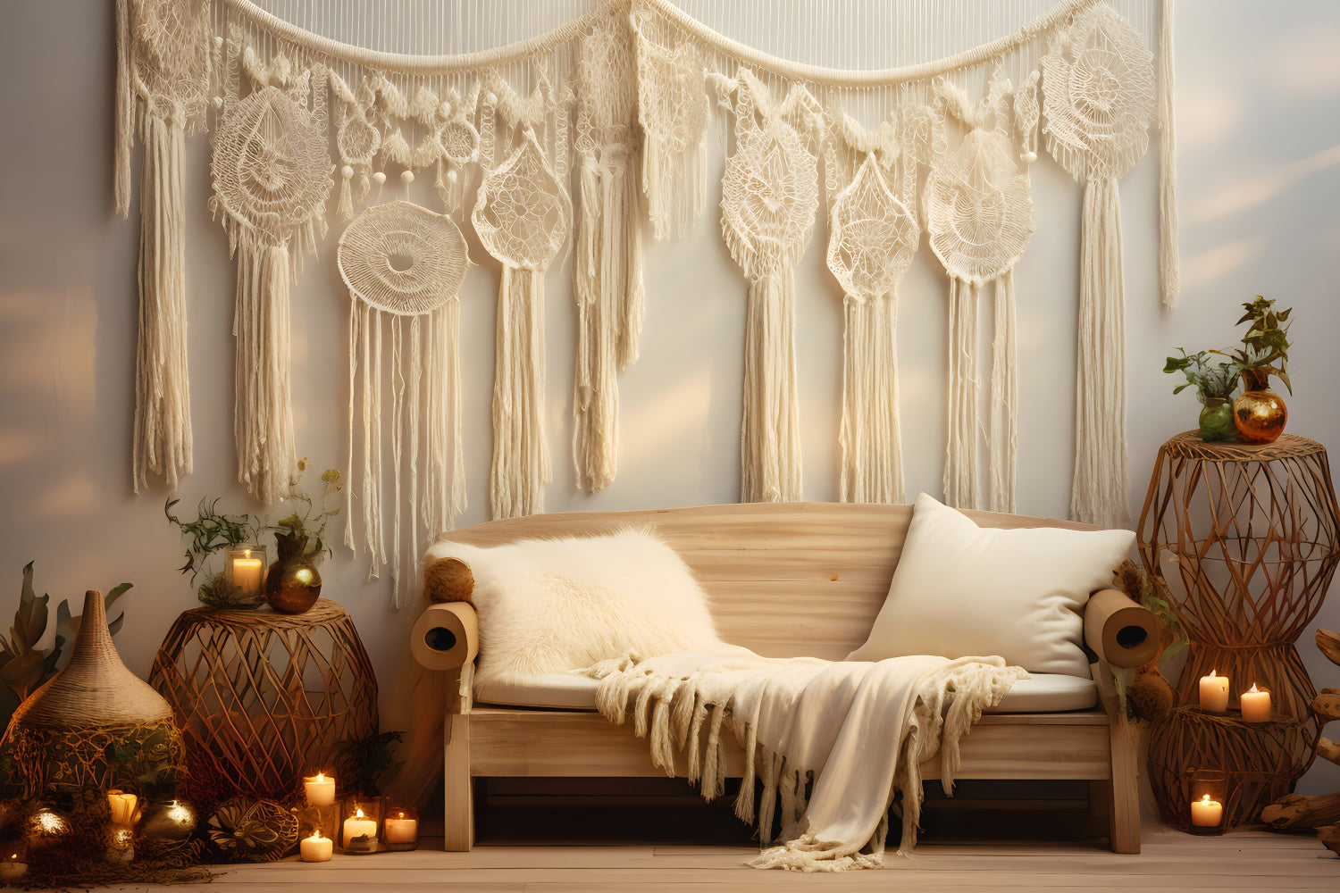 Toile de Fond Boheme Macramé Élégant Lumière Chaude GQ2-17