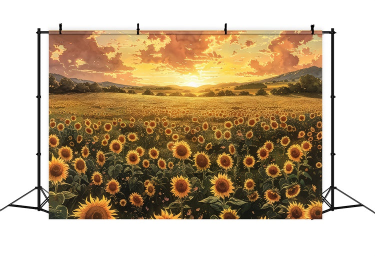 Toile de fond Fête des Mères Champ de Tournesols Coucher du Soleil Chaleureux GQ2-176
