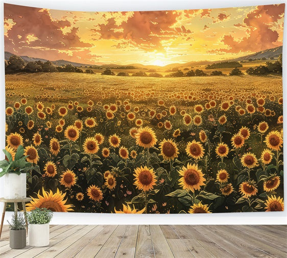 Toile de fond Fête des Mères Champ de Tournesols Coucher du Soleil Chaleureux GQ2-176