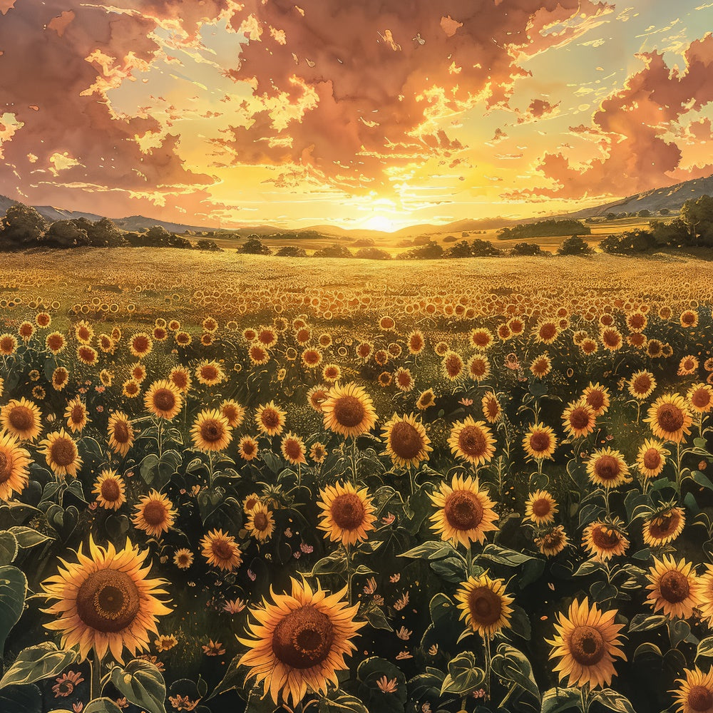 Toile de fond Fête des Mères Champ de Tournesols Coucher du Soleil Chaleureux GQ2-176