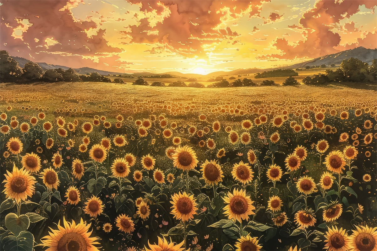 Toile de fond Fête des Mères Champ de Tournesols Coucher du Soleil Chaleureux GQ2-176