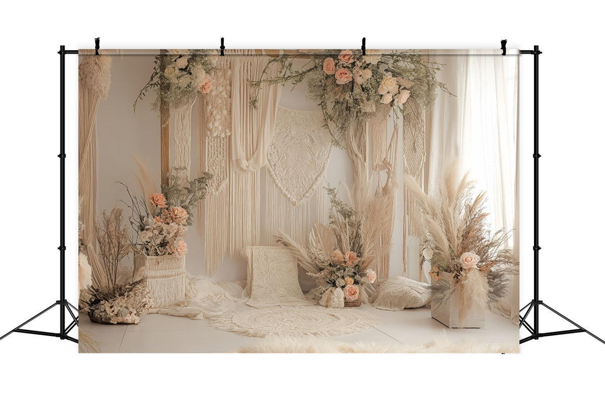 Toile de Fond Photo Boho Arc Roses Macramé Rêveur GQ2-21