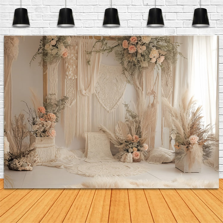 Toile de Fond Photo Boho Arc Roses Macramé Rêveur GQ2-21