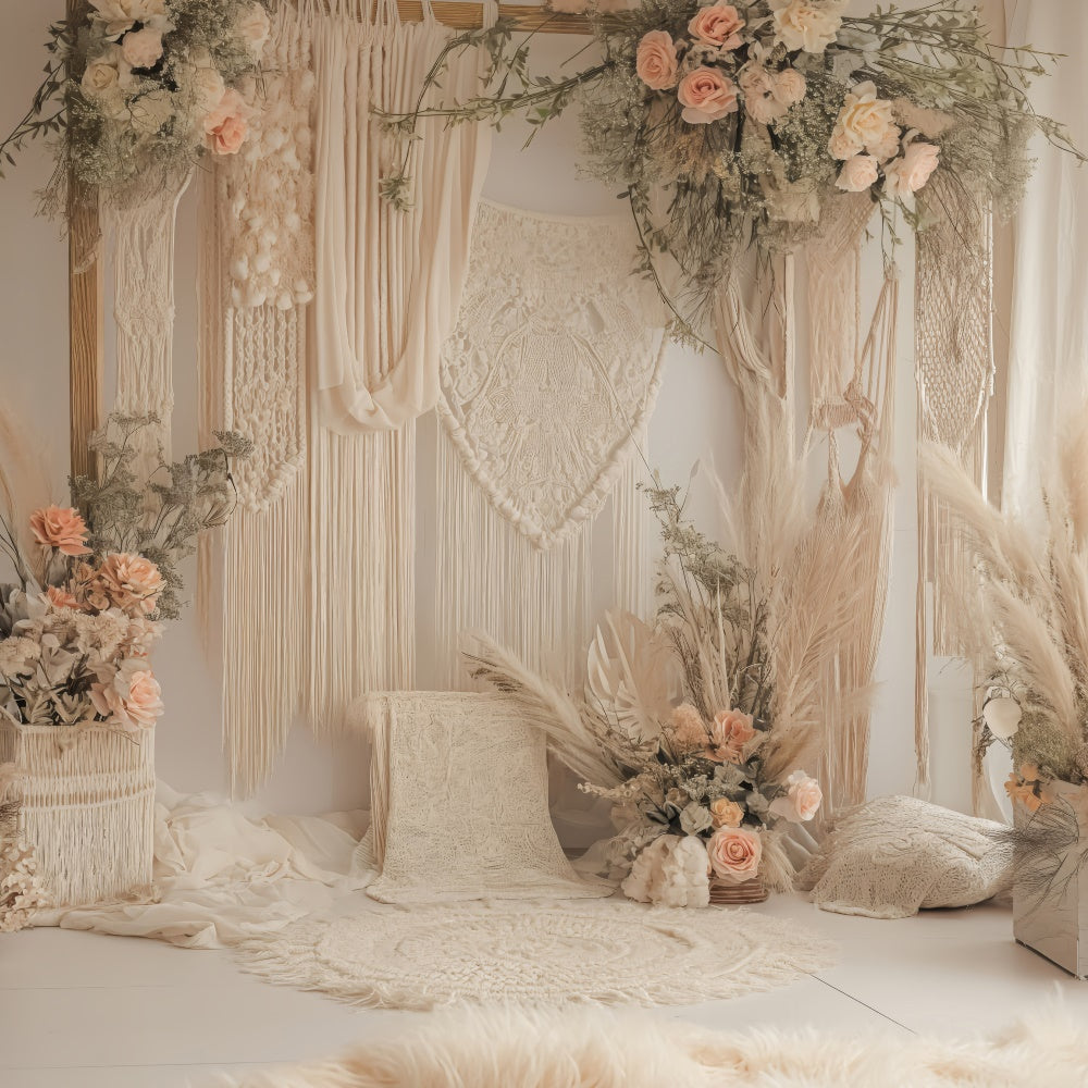 Toile de Fond Photo Boho Arc Roses Macramé Rêveur GQ2-21
