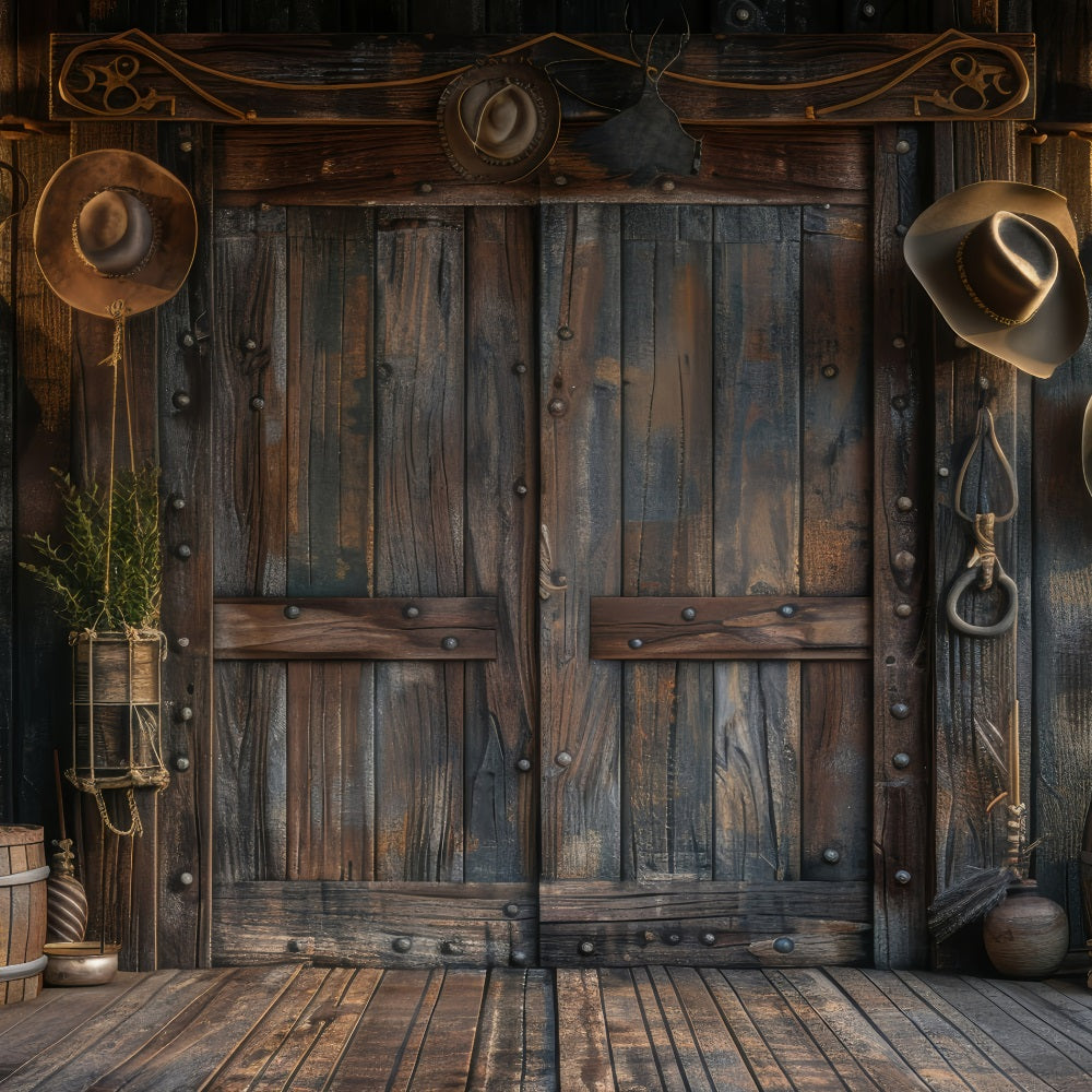 Toile de fond Fête des Pères Équipement Cowboy Mur en Bois GQ2-224