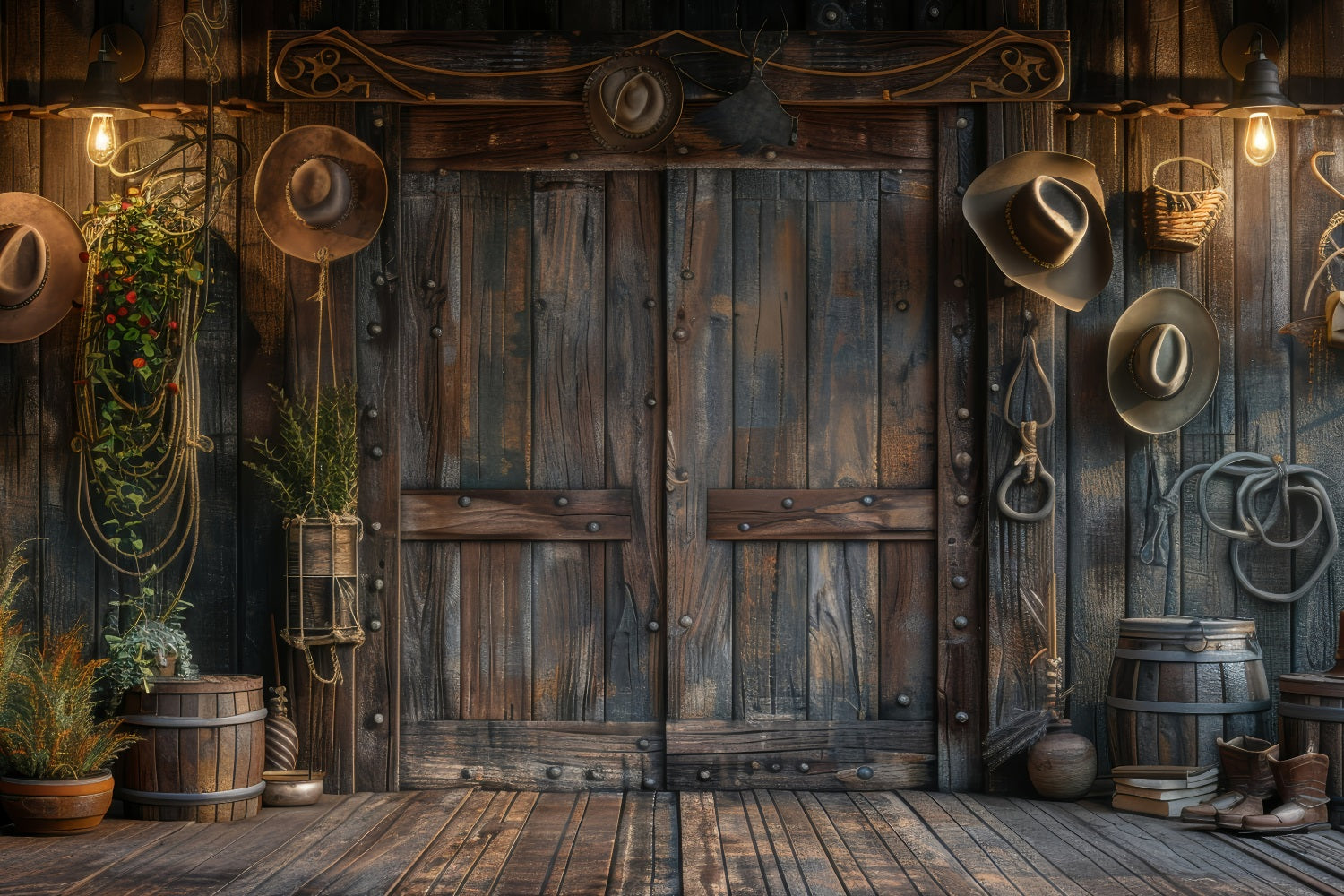 Toile de fond Fête des Pères Équipement Cowboy Mur en Bois GQ2-224