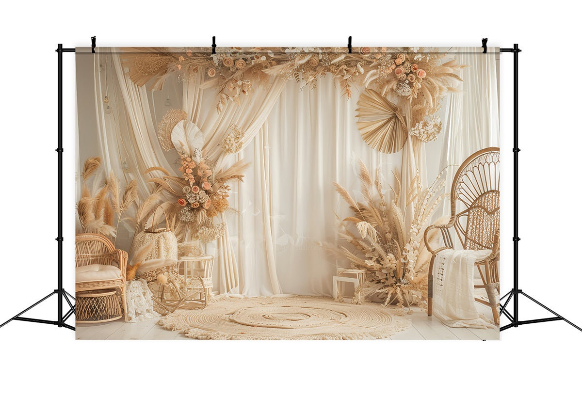 Toile de Fond Photo Boho Chaise Rattan Floral Élégante GQ2-38