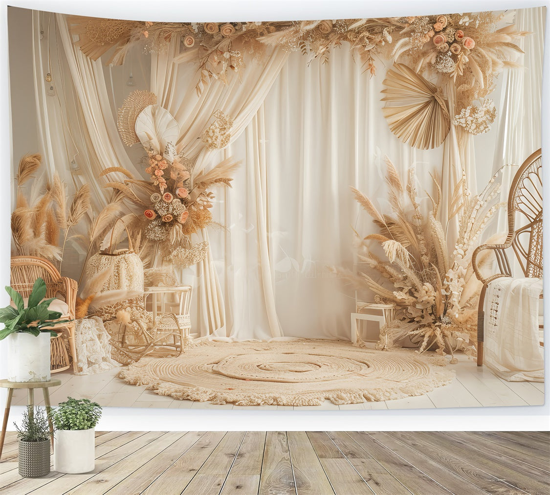 Toile de Fond Photo Boho Chaise Rattan Floral Élégante GQ2-38