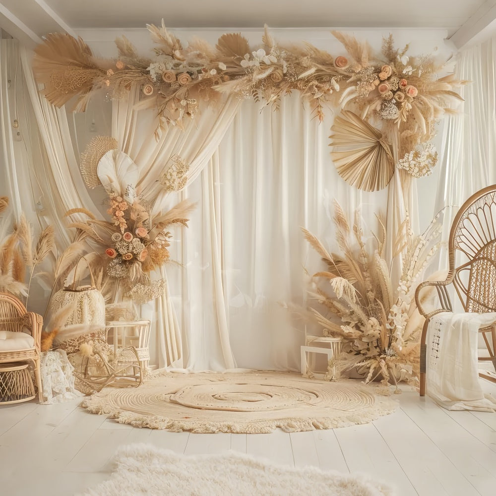 Toile de Fond Photo Boho Chaise Rattan Floral Élégante GQ2-38