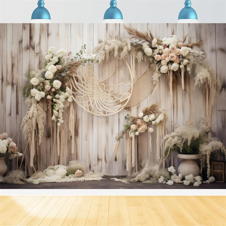 Toile de Fond Photo Boho Arc Rustique Floral Bois GQ2-4