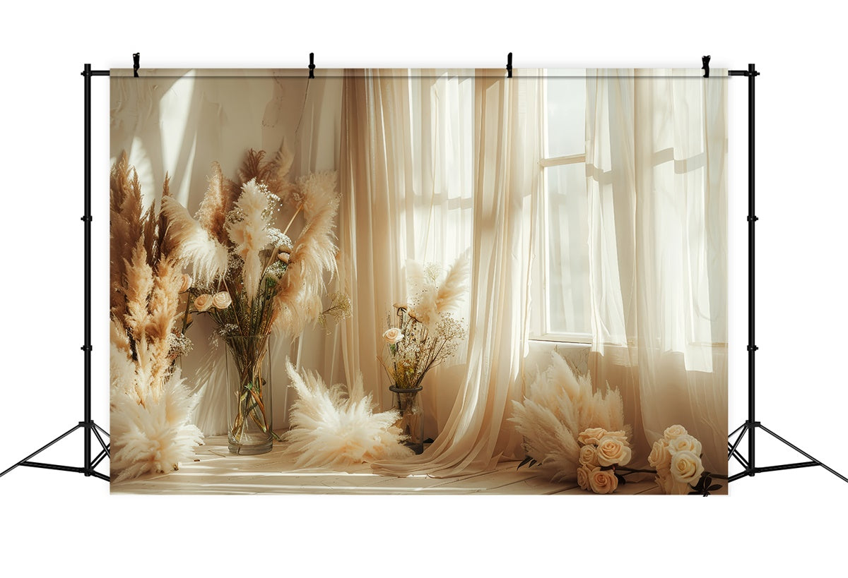 Toile de Fond Boho Arc Pampas Rose Fenêtre GQ2-41