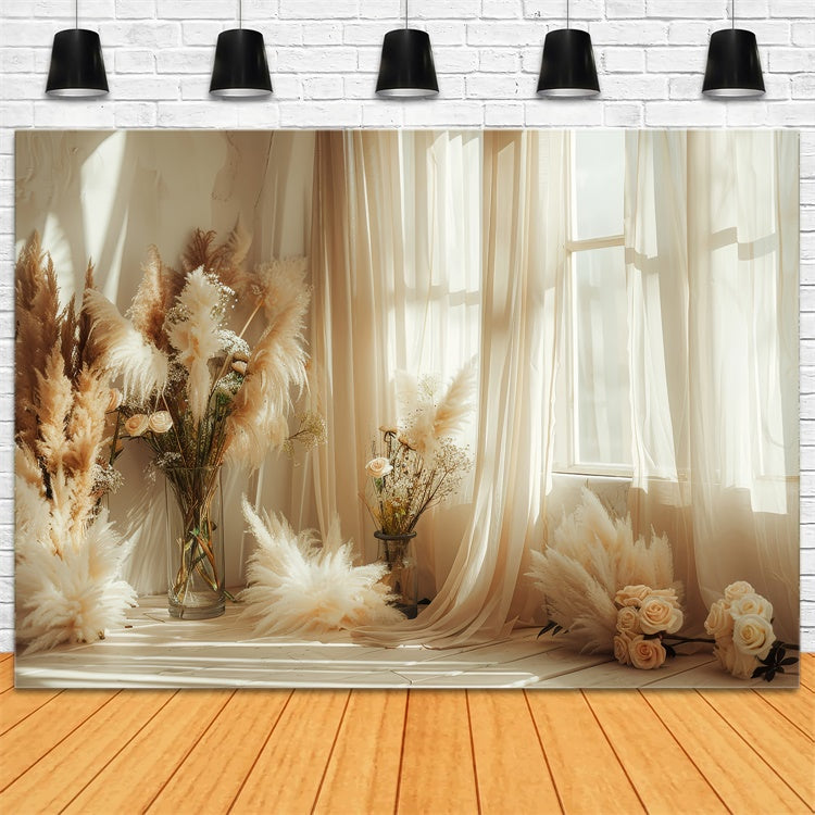 Toile de Fond Boho Arc Pampas Rose Fenêtre GQ2-41