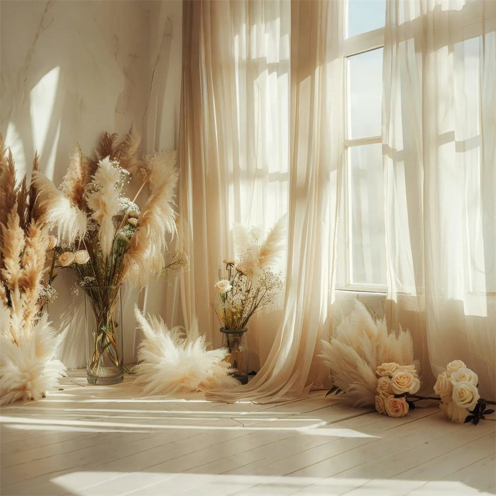 Toile de Fond Boho Arc Pampas Rose Fenêtre GQ2-41