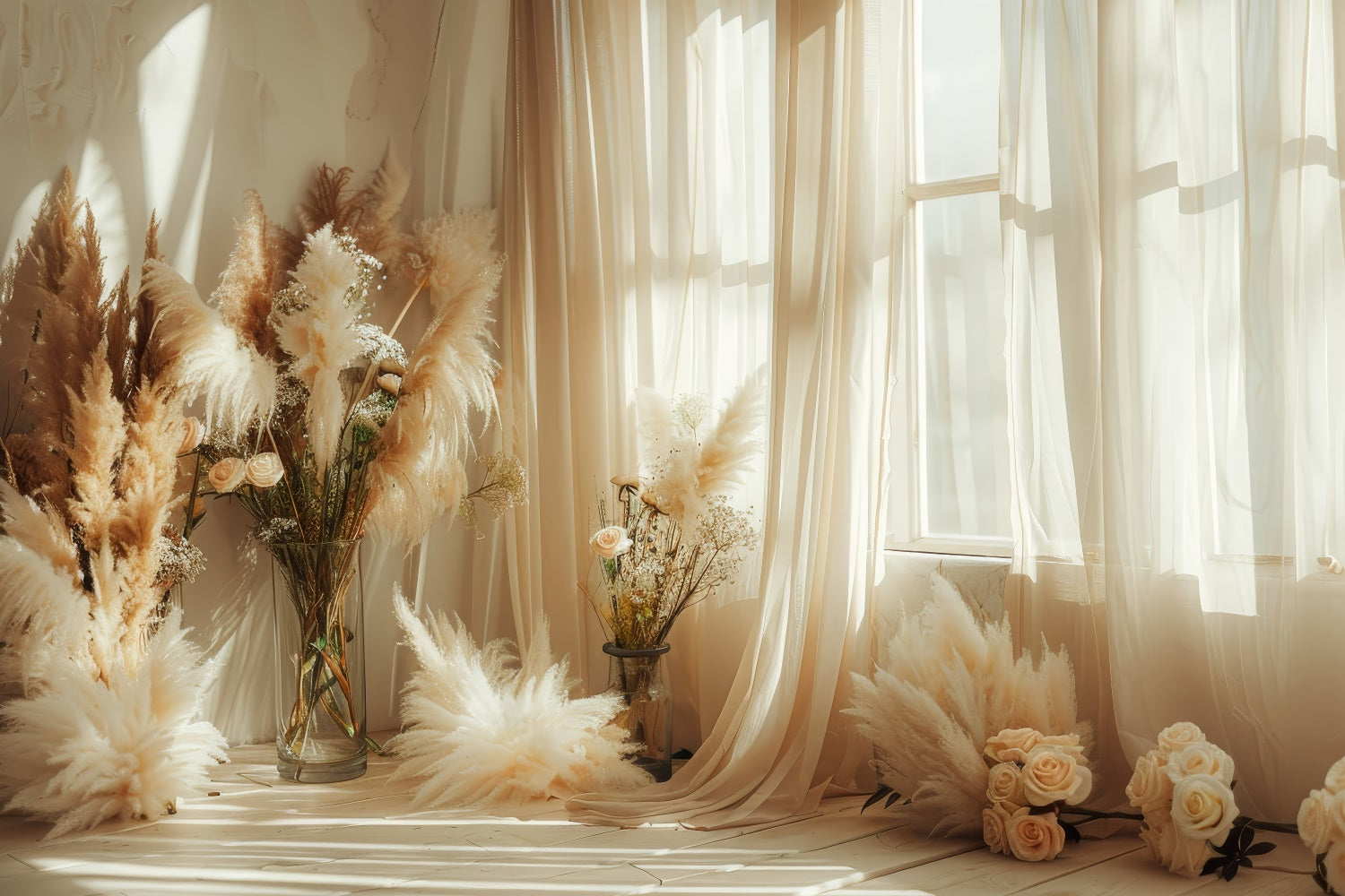 Toile de Fond Boho Arc Pampas Rose Fenêtre GQ2-41