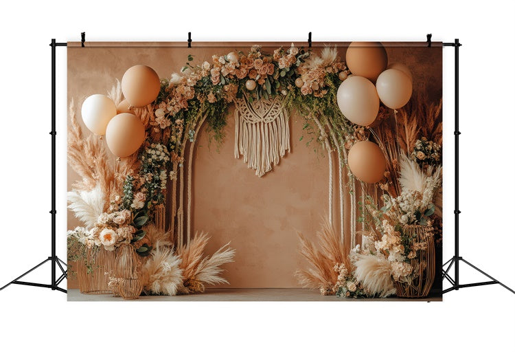 Toile de Fond Boho Arc Rose Pampas Ballons Photographie GQ2-47