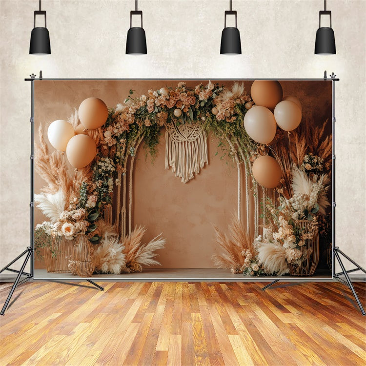 Toile de Fond Boho Arc Rose Pampas Ballons Photographie GQ2-47