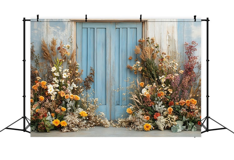 Toile de Fond Photo Boho Porte Bleue Arrangement Floral GQ2-59