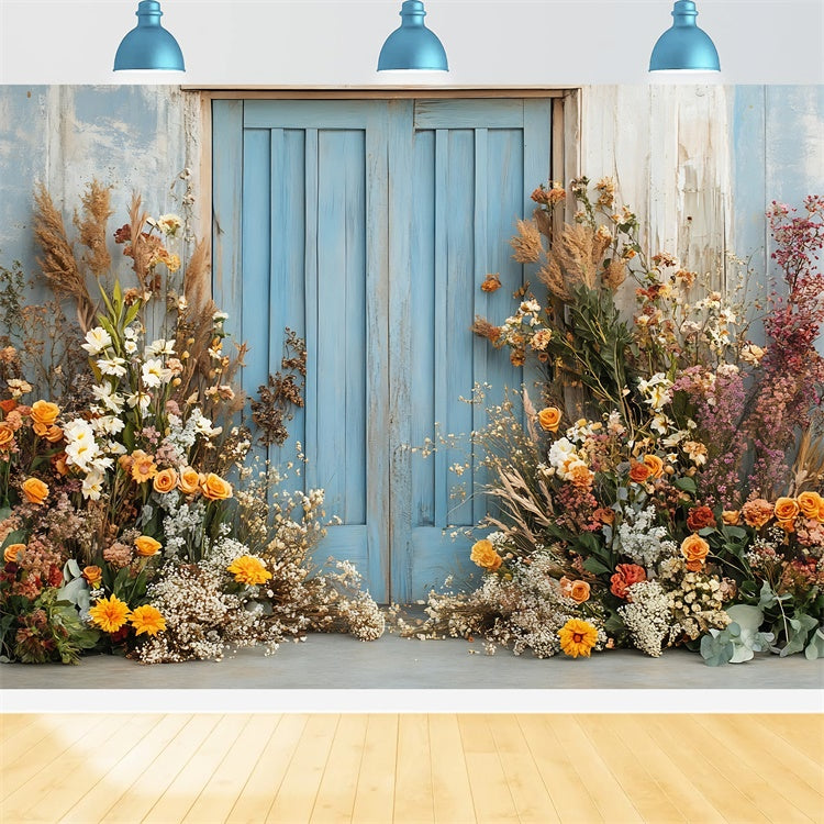 Toile de Fond Photo Boho Porte Bleue Arrangement Floral GQ2-59