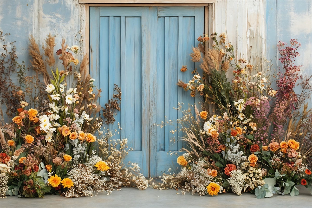 Toile de Fond Photo Boho Porte Bleue Arrangement Floral GQ2-59