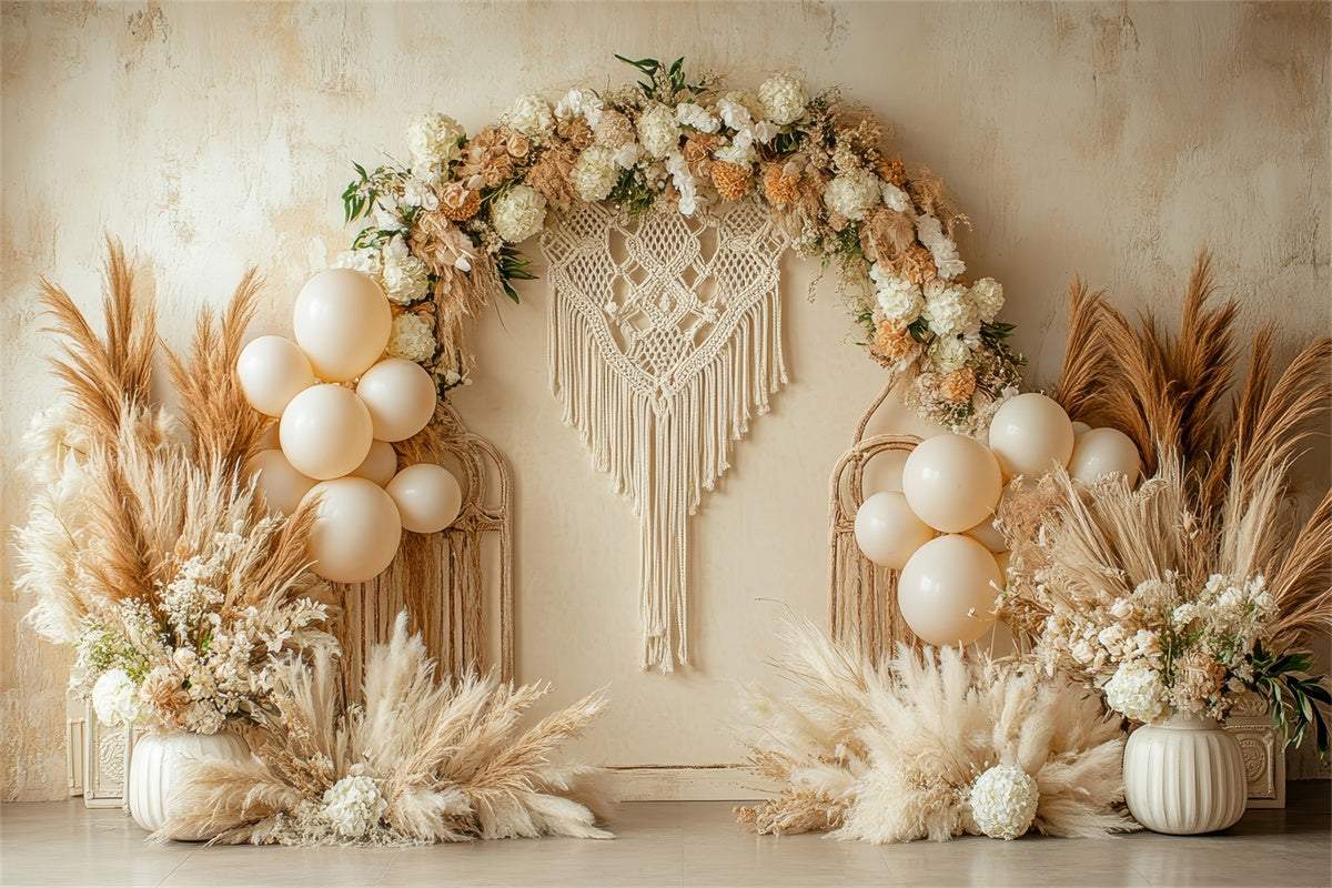 Toile de Fond Boho Mariage Macramé Fleurs Ballons Photographie GQ2-66