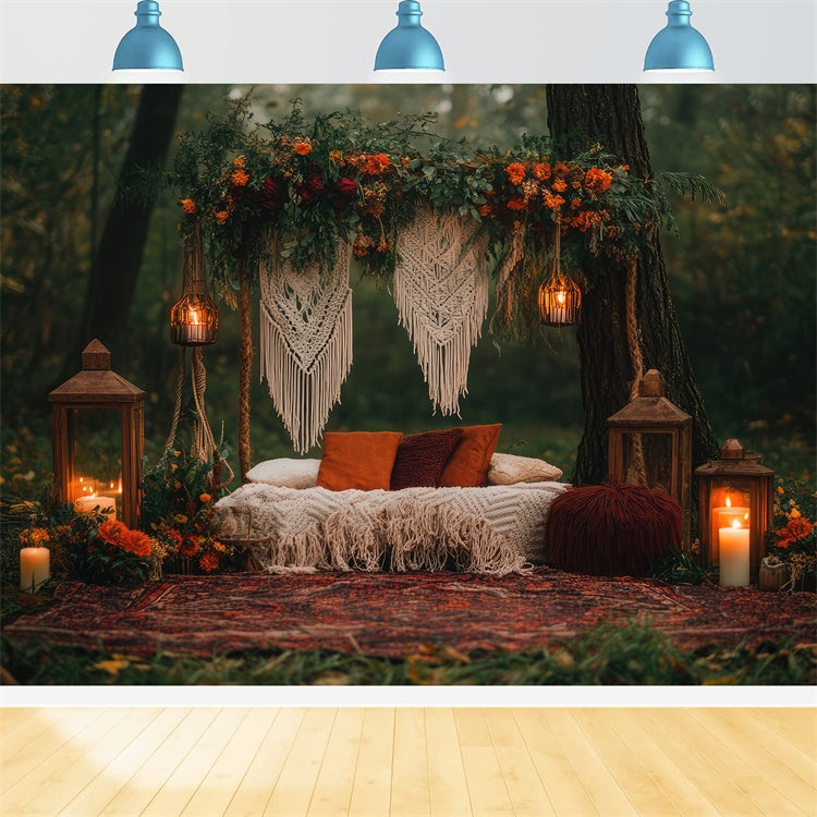 Toile de Fond Photo Boho Retraite Forêt Macramé Lanternes GQ2-71