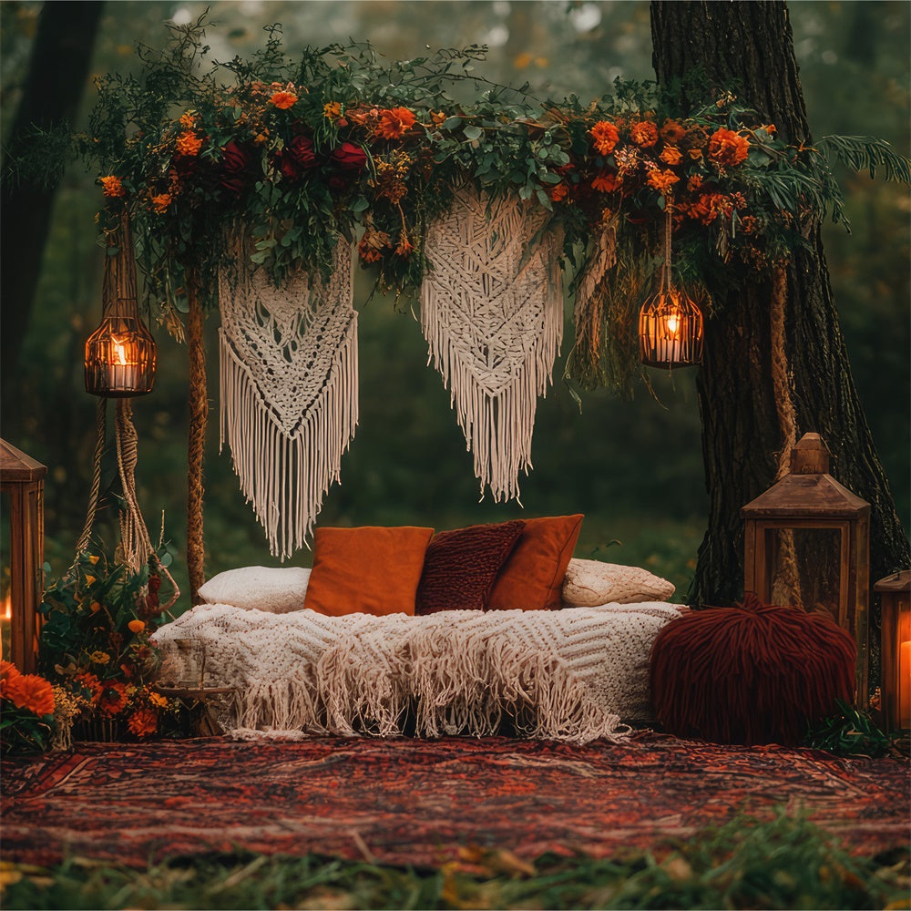 Toile de Fond Photo Boho Retraite Forêt Macramé Lanternes GQ2-71