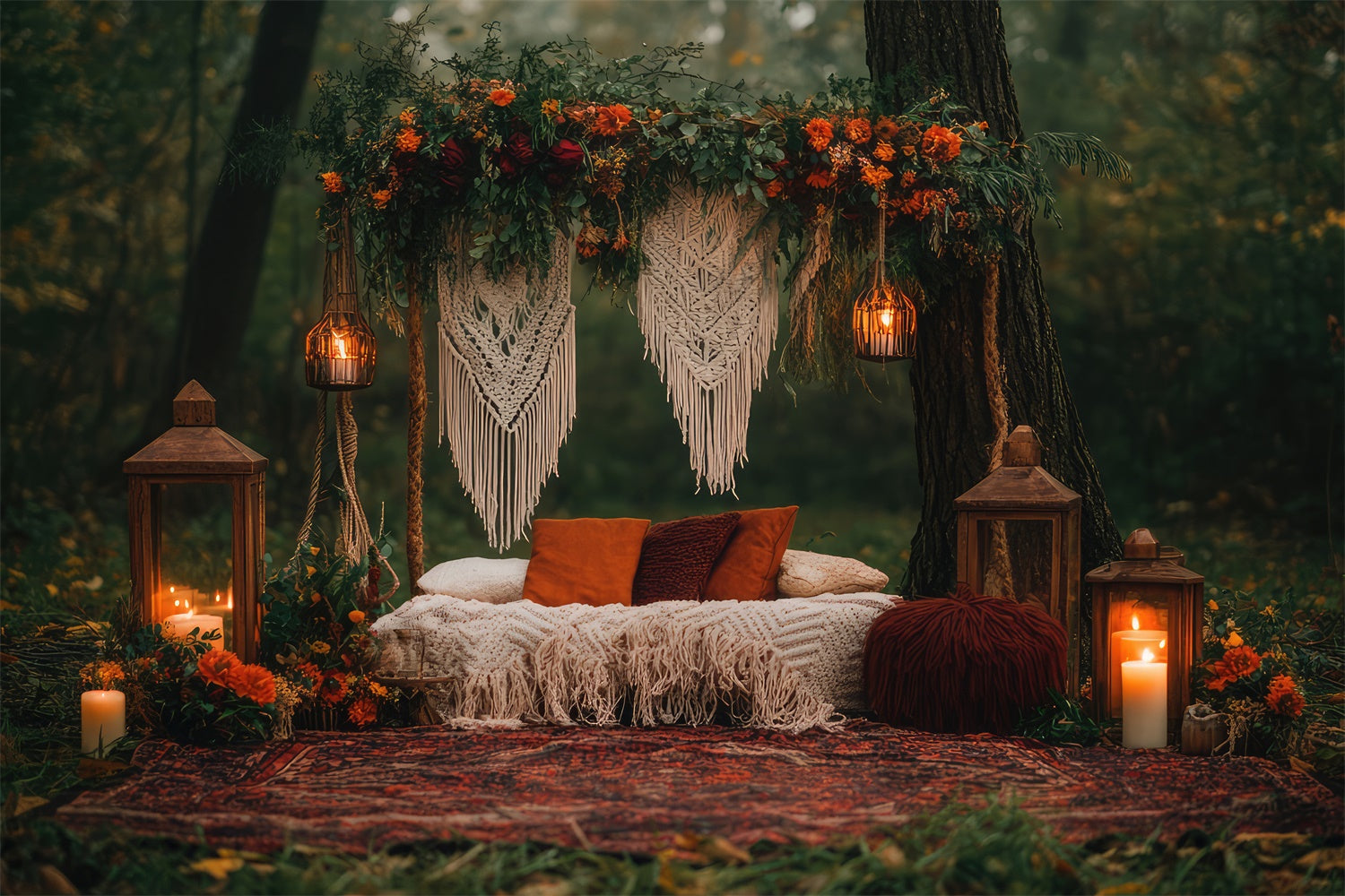 Toile de Fond Photo Boho Retraite Forêt Macramé Lanternes GQ2-71