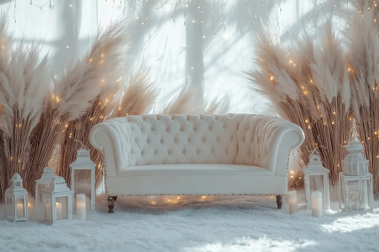Toile de Fond Photo Boho Canapé Hiver Pampas Lanternes GQ2-78